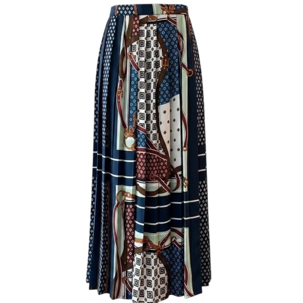 Zara Satin Scarf Print Pleated Skirt Midi XS Office Mature Equestrian Career